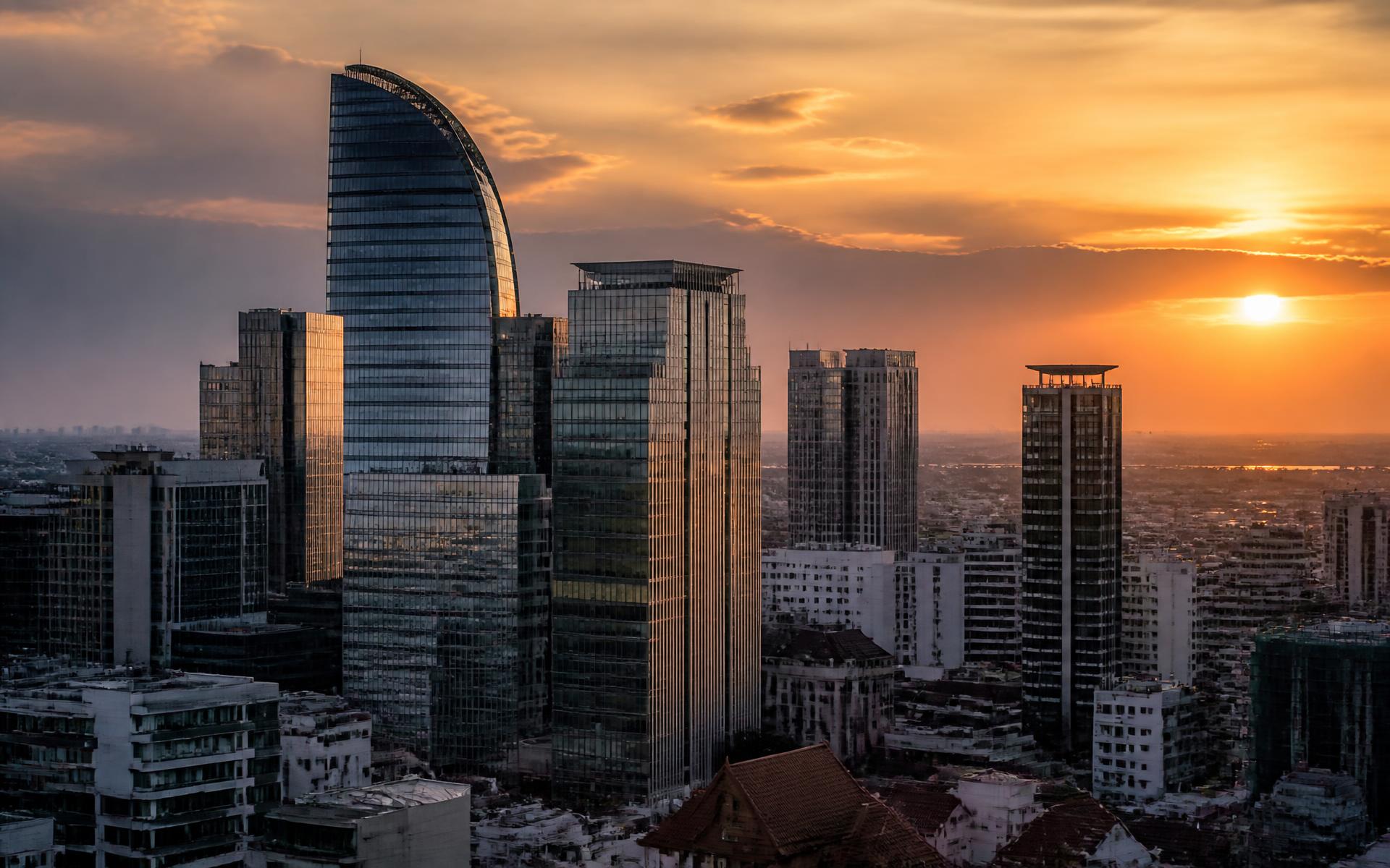 Modern city skyline at dusk in Cambodia